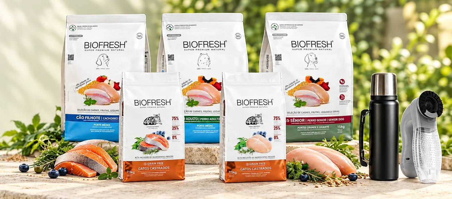 Cinco alimentos Biofresh para perros y gatos, con termo y cepillo completos al frente.