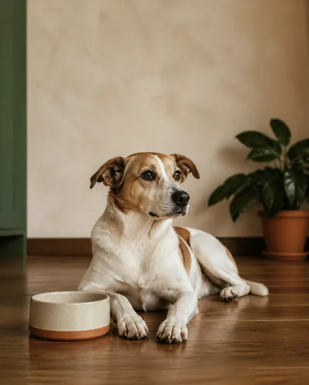 Perro junto a bolsas de alimento balanceado.