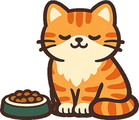 Gato atigrado sentado junto a su comedero.