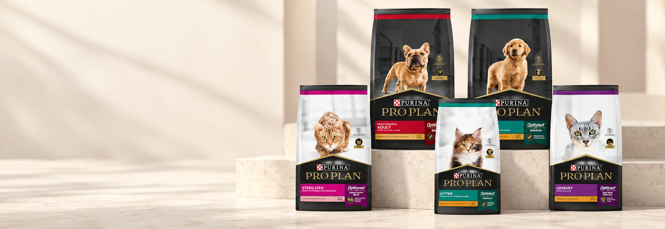 Cinco variedades Purina Pro Plan para perro adulto, cachorro, gato esterilizado, gatito y gato urinary.