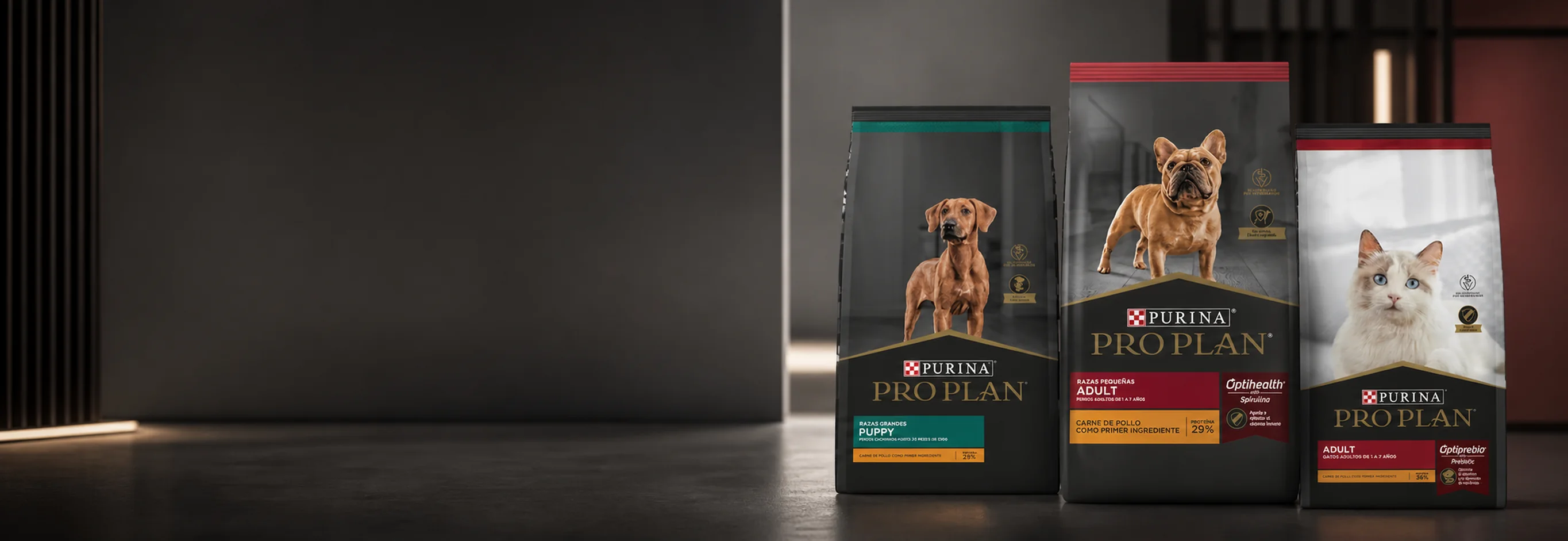 Tres bolsas reales de Purina Pro Plan para cachorro, perro adulto y gato.