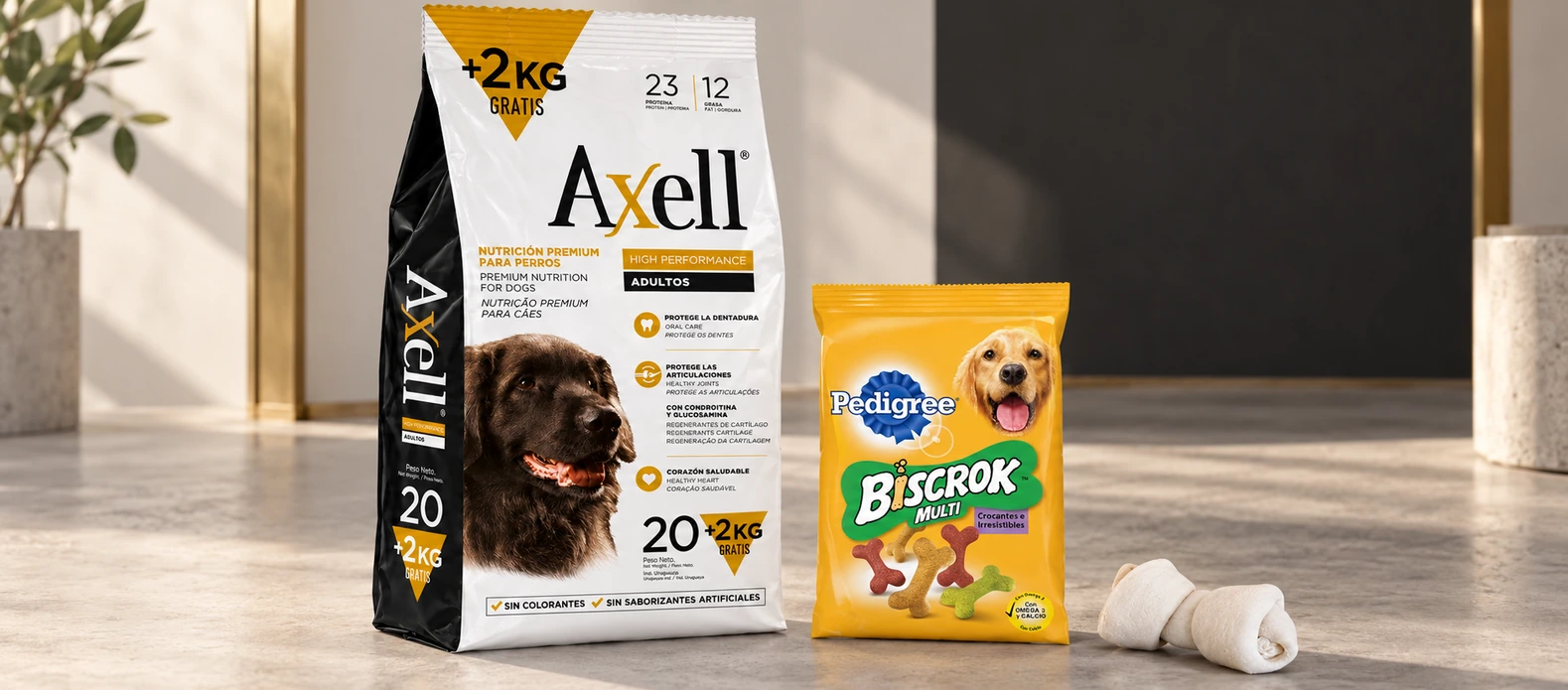 Axell Adulto 22 kg: opciones con Biscrok o un hueso de lonja según la ficha.