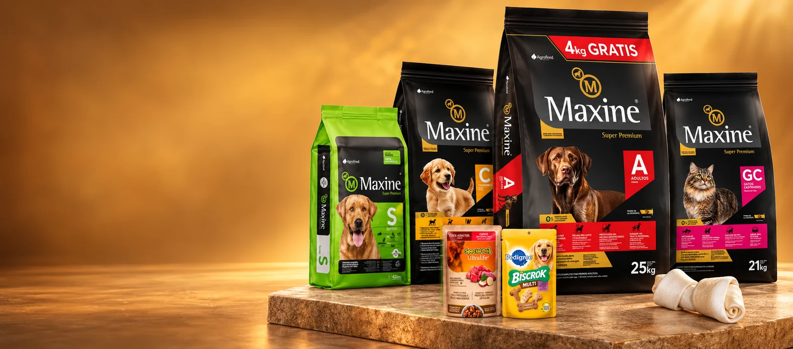 Bolsas de Maxine Adulto, Cachorro, Senior y Gato Castrado con salsa, Biscrok y hueso de lonja de regalo.