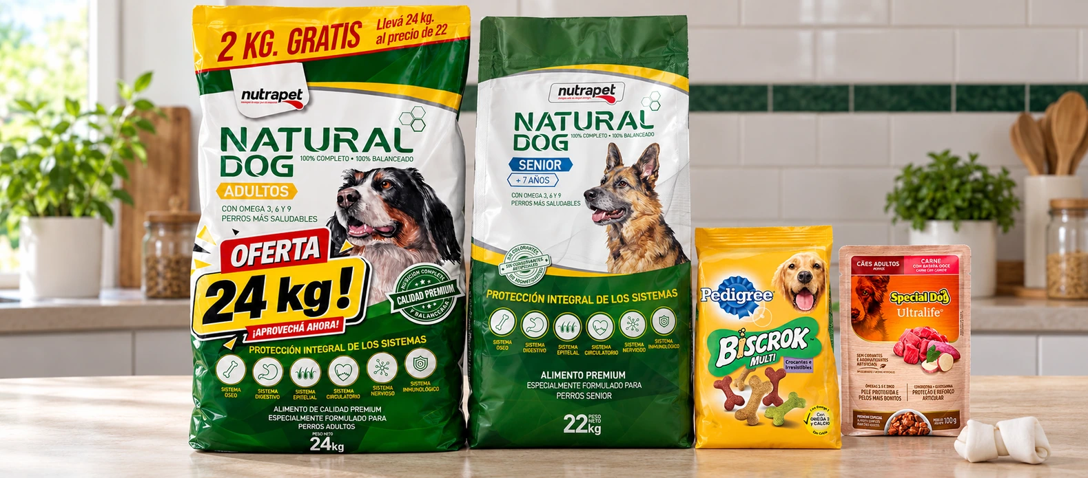 Natural Dog Adultos y Senior: opciones con Biscrok, salsa o hueso según la ficha.