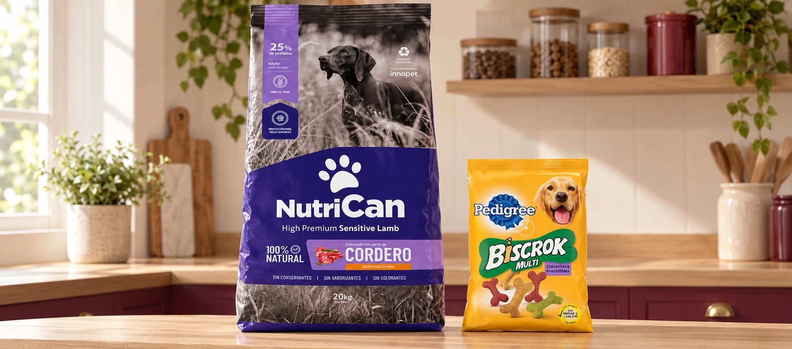 NutriCan Cordero 20 kg con un paquete de Biscrok de regalo.