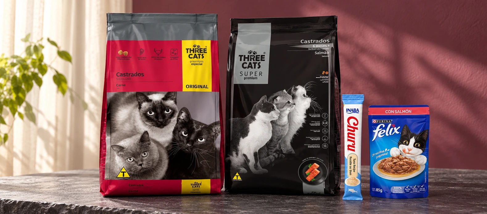 Three Cats: opciones con un tubo de Churu o una salsa Felix según la ficha.