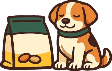 Bolsa de alimento balanceado junto a un perro.