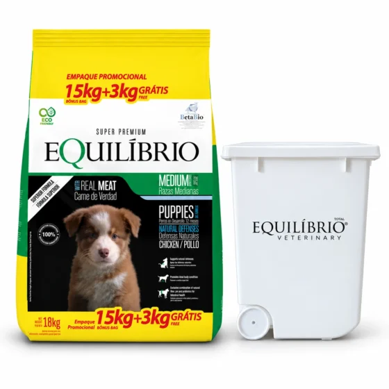 Equilibrio Cachorro Active 15+3 Kg + Pote blanco con ruedas de regalo