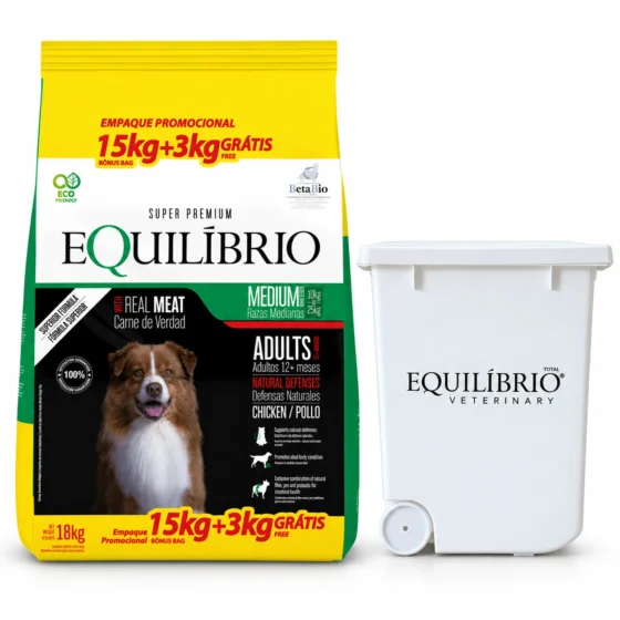 Equilibrio Adulto Raza Mediana 18 Kg + Pote blanco con ruedas de regalo