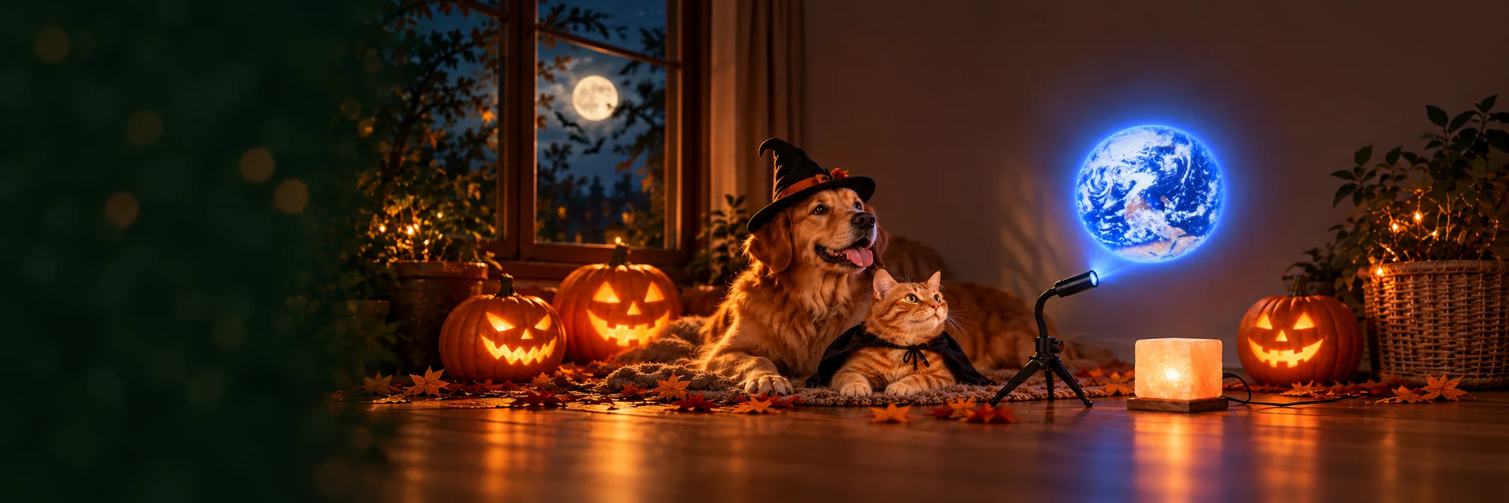 Perro con gorro de bruja y gato con capa junto a calabazas, un proyector de planeta y una lámpara de sal encendida.