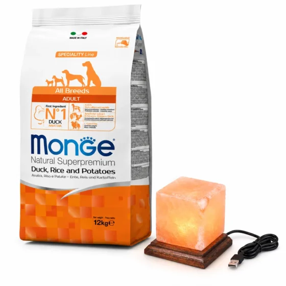 Monge Adulto Pato, Arroz y Papa 12 Kg + Lámpara de sal de regalo