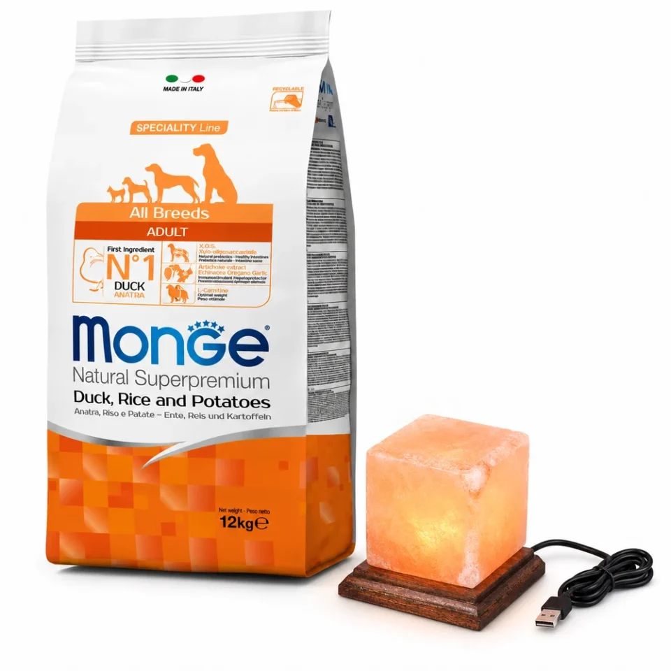 Monge Adulto Pato, Arroz y Papa 12 Kg + Lámpara de sal de regalo