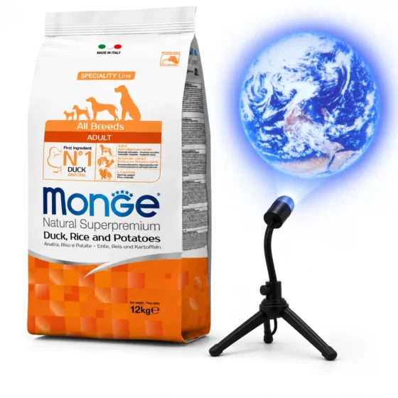 Monge Adulto Pato, Arroz y Papa 12 Kg + Proyector del planeta Tierra de regalo