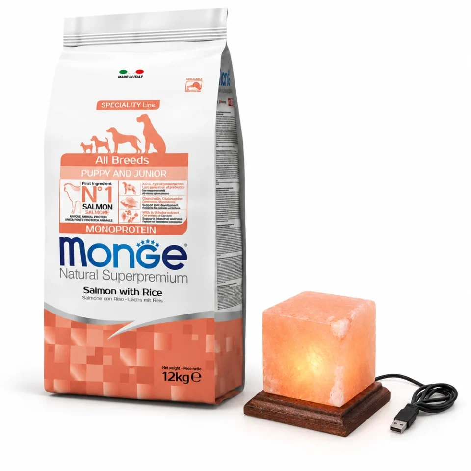 Monge Puppy Salmón y Arroz 12 Kg + Lámpara de sal de regalo
