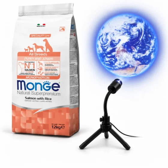 Monge Puppy Salmón y Arroz 12 Kg + Proyector del planeta Tierra de regalo