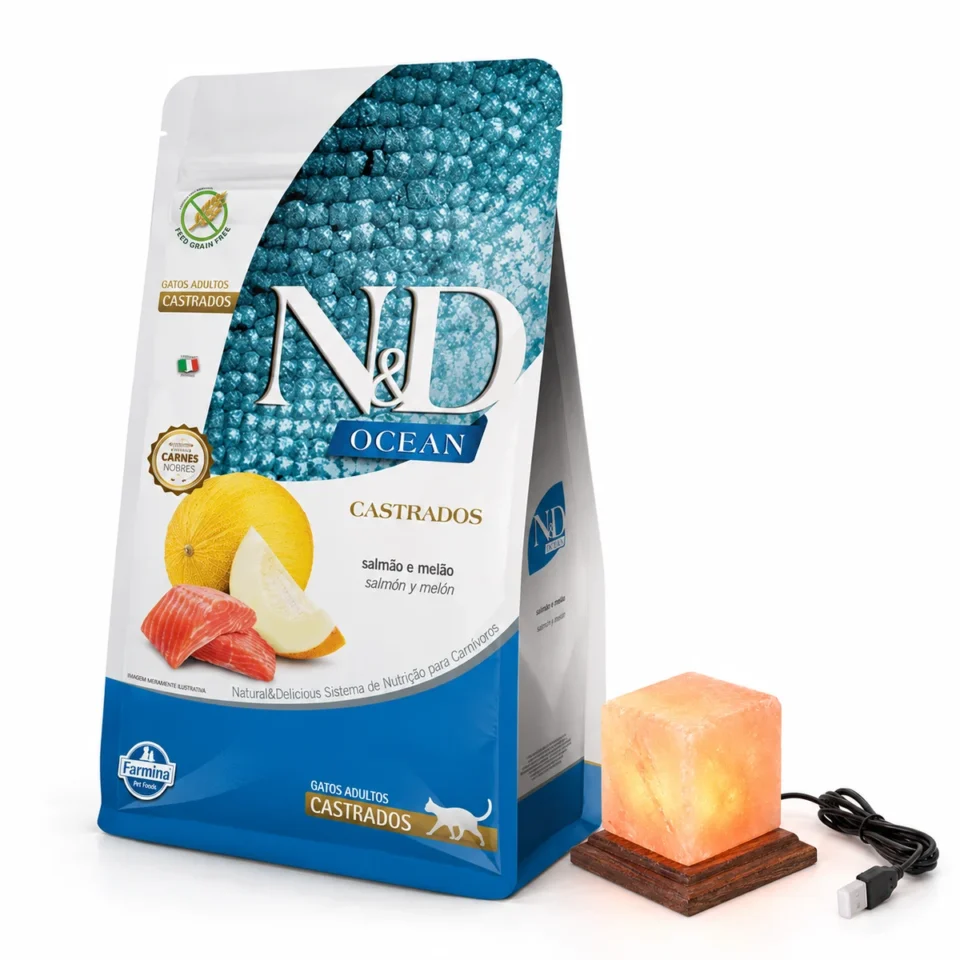 N&D Ocean Feline Salmón y Melón Adultos Castrados 7,5 Kg + Lámpara de sal de regalo