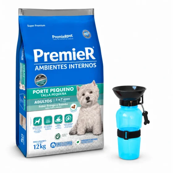 PremieR Ambientes Interiores Perros Adultos Mini Pollo y Salmón 12 Kg + Botella bebedero azul de regalo