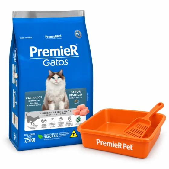 PremieR Gatos Castrados 6 meses a 6 años Pollo 7,5 Kg + Bandeja sanitaria naranja Premier de regalo