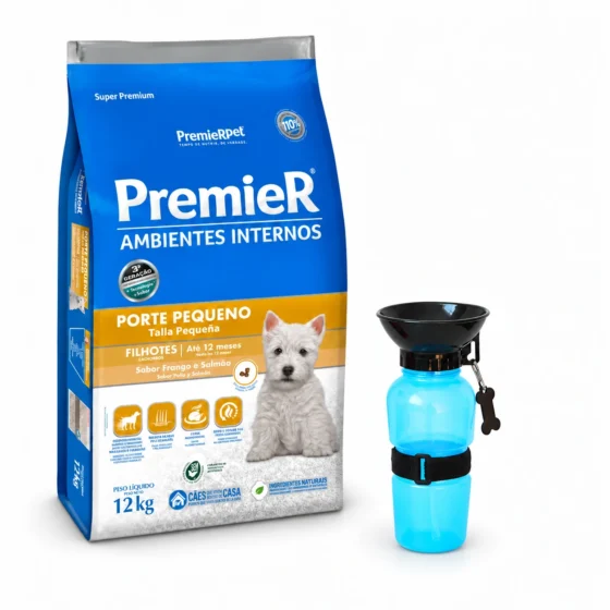 PremieR Ambientes Interiores Perros Cachorros Talla Pequeña Pollo y Salmón 12 Kg + Botella bebedero azul de regalo