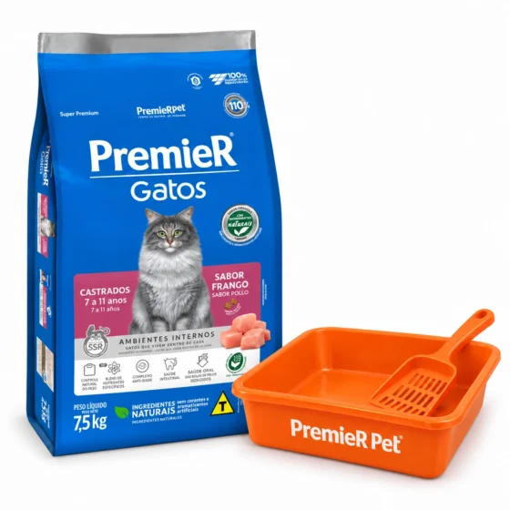 PremieR Gatos Castrados 7 a 11 años Senior Pollo 7,5 Kg + Bandeja sanitaria naranja Premier de regalo