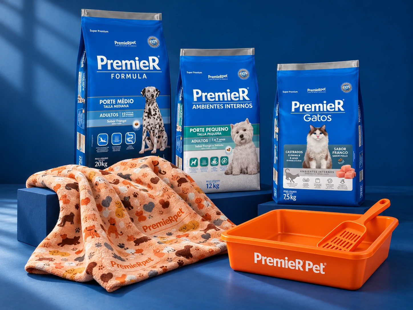 Tres bolsas Premier para perros y gatos, una manta y una bandeja naranja: regalos de publicaciones separadas.