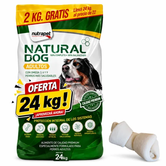 Natural Dog Adultos 22+2 Kg + Hueso de lonja de regalo