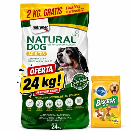 Natural Dog Adultos 22+2 Kg + Biscrok 100 g de regalo