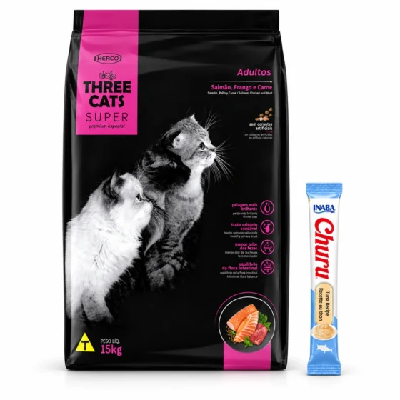 Three Cats Salmón Pollo y Carne Super Premium 15 Kg + 1 tubo de Churu de regalo