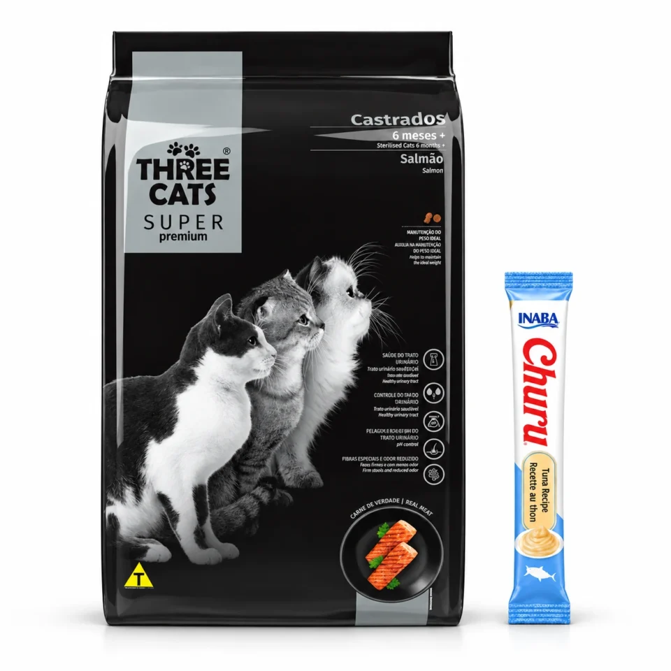 Three Cats Super Premium Castrado Salmón 10,1 Kg + 1 tubo de Churu de regalo