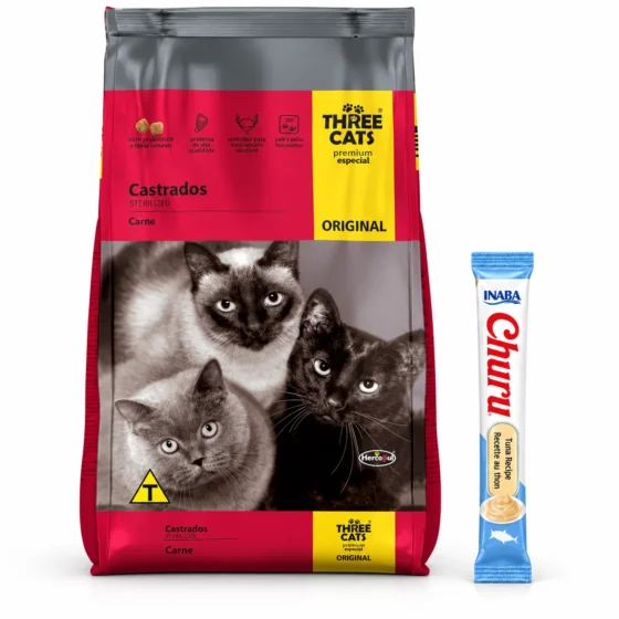 Three Cats Premium Especial Gato Castrado 10,1+1 Kg + 1 tubo de Churu de regalo